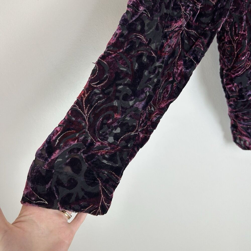 XL Velvet Burnout Button Up Shirt Top Blouse Vintage Burgundy Artsy Sheer Grunge - Picture 3 of 4